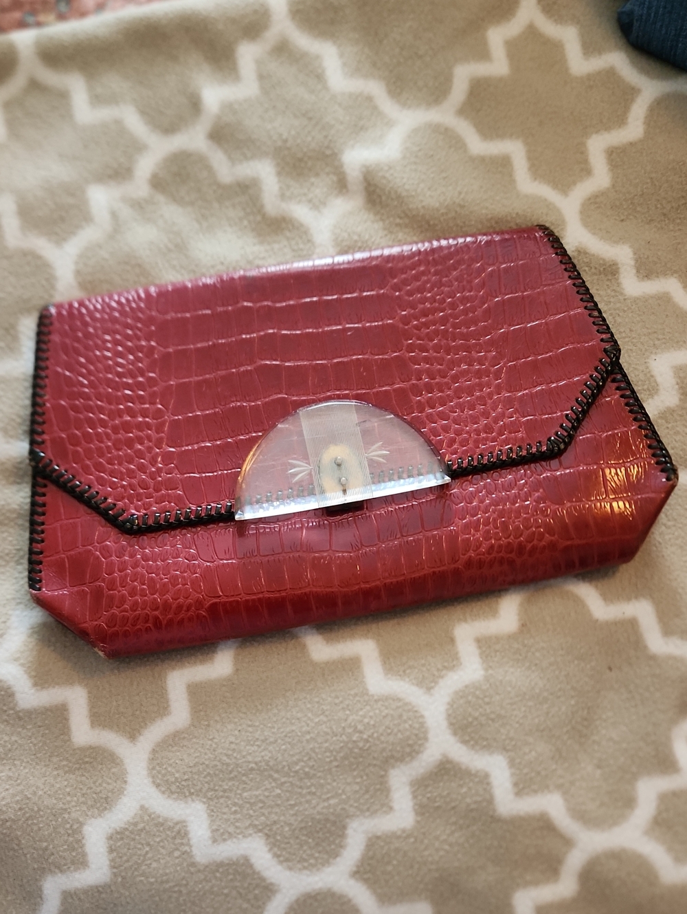 VINTAGE Croc-Embossed Red Envelope Clutch with Chain Trim